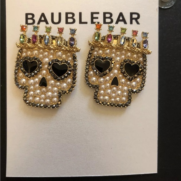 Baublebar Gold Tone Sugar Skull King Stud Drop Earrings Faux Pearl & Crystal NEW - Picture 3 of 11